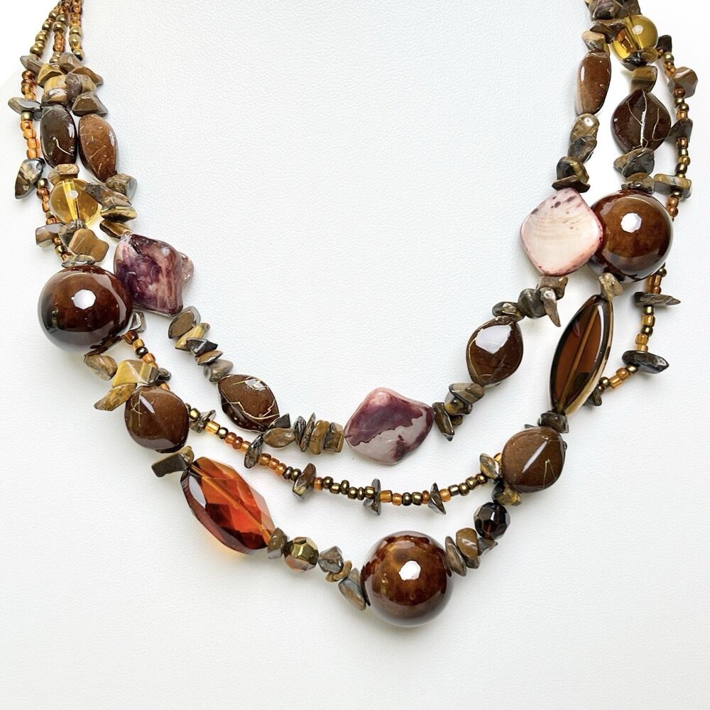 Vtg Natural Shell Beaded Necklace Multi Strand Glass Earthy Statement Boho Chic